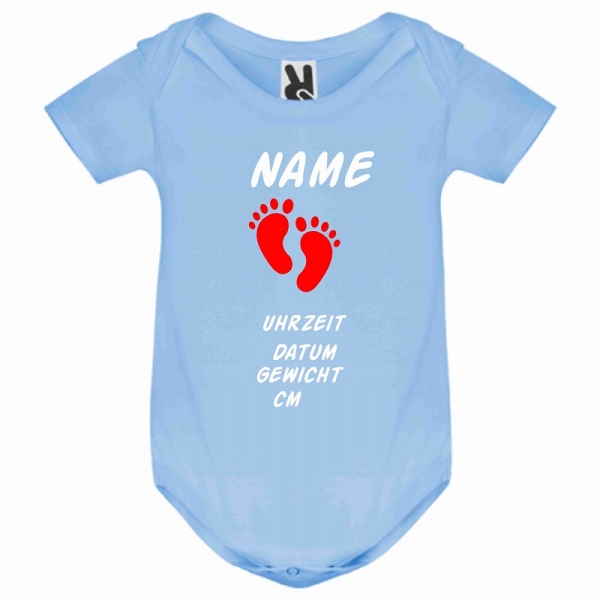 Babystrampler blau-weiß-rot Name, Gewicht, Größe, Uhrzeit,